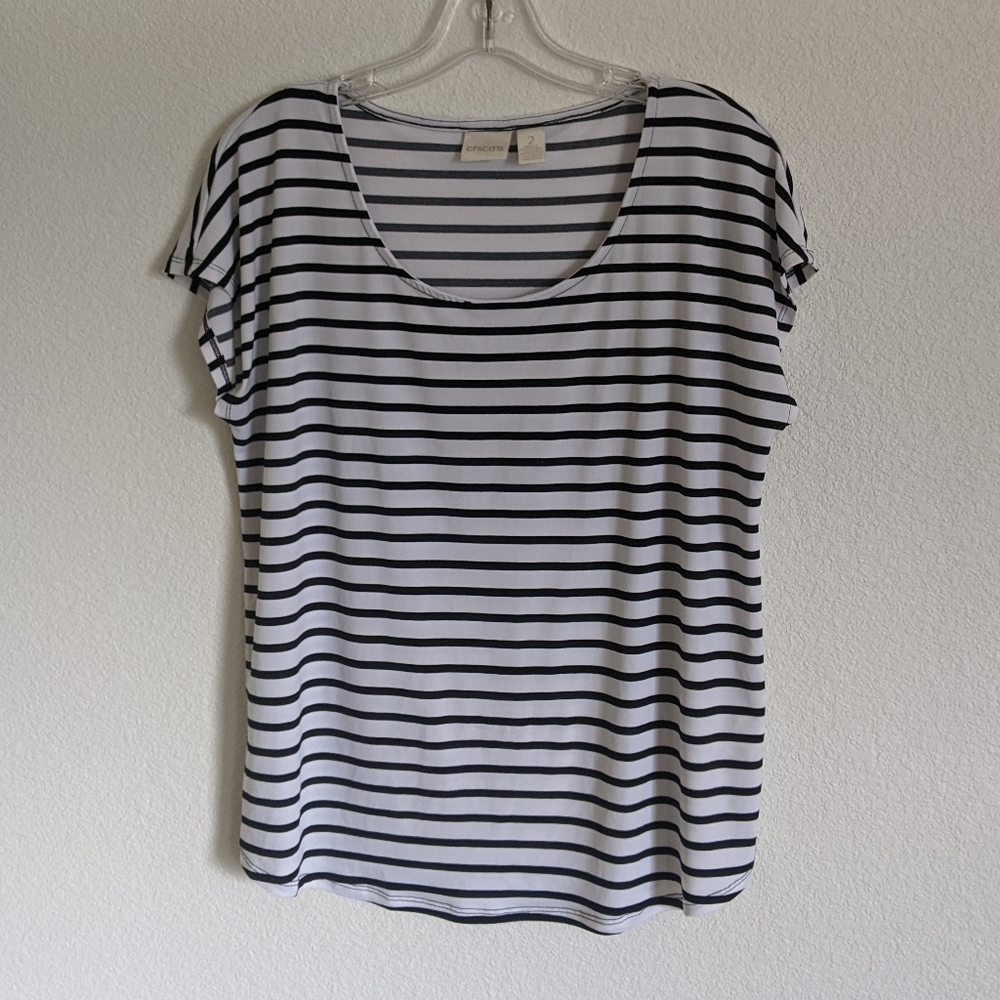 Chico's Black/White Striped Cap Sleeve Tee, Size L (2)